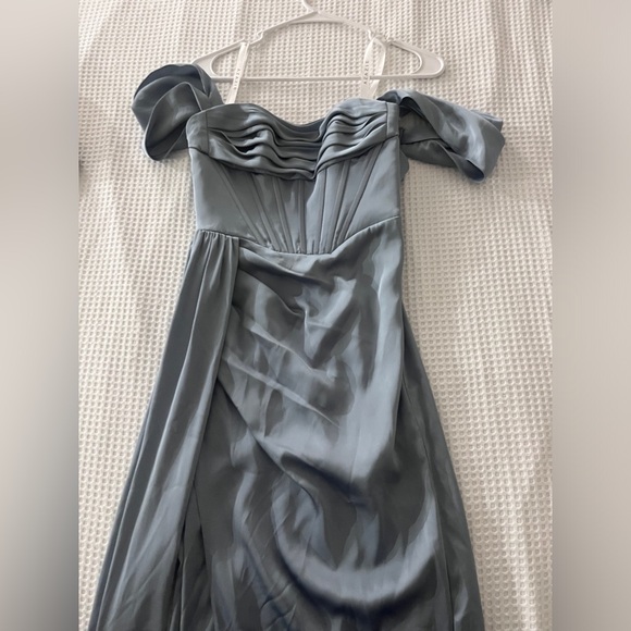 AZAZIE AMYRA 
Dusty Blue Fitted Convertible Stretch Satin Dress - Picture 2 of 5